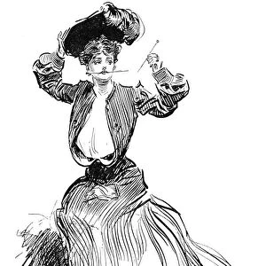 Charles Dana Gibson (1867-1944). American illustrator. A Gibson Girl fastening her hat. Pen and ink drawing, 1904