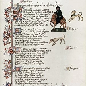 CHAUCER: CANTERBURY TALES. The Monk. A page from a facsimile of the Ellesmere manuscript