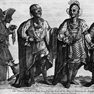 CHEROKEES IN LONDON, 1762. Ostenaco (second from left, with hatchet) and two other Cherokee leaders visiting London in 1762, with their English interpreter (left). Copper engraving, 18th century, after a contemporary drawing