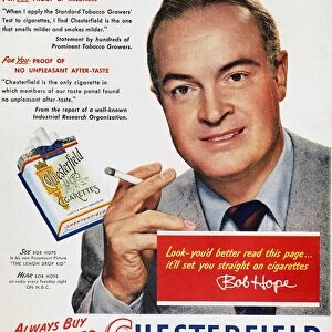 CHESTERFIELD CIGARETTE AD. Comedian Bob Hope endorsing Chesterfield cigarettes. American magazine advertisement, 1951