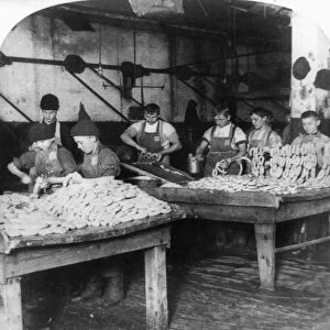 CHICAGO: MEATPACKING. Men and boys stuffing skins on two tables in the sausage