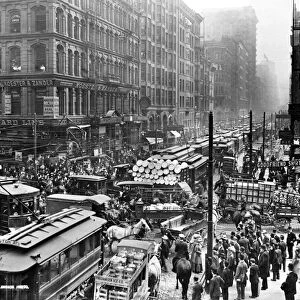 CHICAGO: TRAFFIC, 1909. Congested traffic on Dearborn Street, Chicago, Illinois, looking southward from the intersection with Randolph Street, 1909. Photographed by Frank M. Hallenbeck
