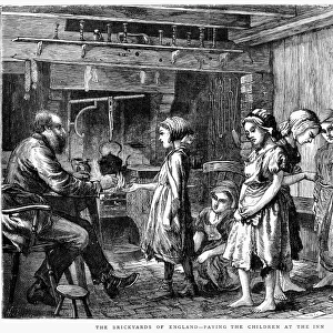 CHILD LABOR, 1871. Paying children for their labor in the brickyards. Wood engraving, English, 1871