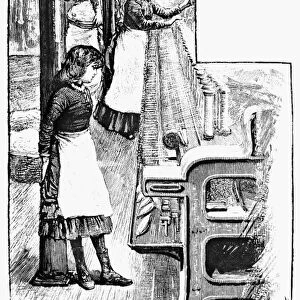 CHILD LABOR, 1883. A young girl resting beside a wool-winding machine in a textile factory at Nottingham, England. Wood engraving, English, 1883