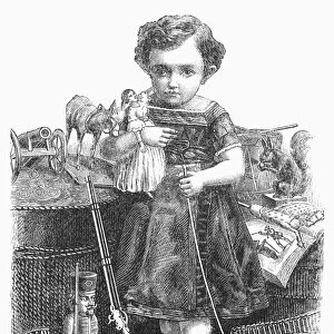 CHILD WITH TOYS, 1873. A boy with an abundance of Christmas presents. Wood engraving, American, 1873