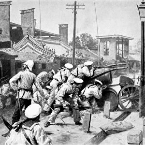 CHINA: BOXER REBELLION. Russian sailors defending a barricade before the Peking legation