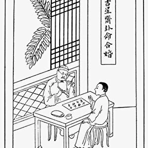 Chinese astrologer and geomancer casting a horoscope. Chinese drawing
