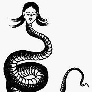 CHINESE MYTHOLOGY: NUWA. Half-serpent, half-woman deity of a Chinese creation myth. Line engraving