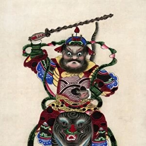 CHINESE WARRIOR, c1880. A Chinese warrior riding on a tigers back. Japanese woodblock