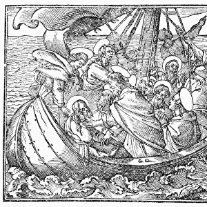 CHRIST AND APOSTLES. Woodcut illustration of Christ and the Apostles during the