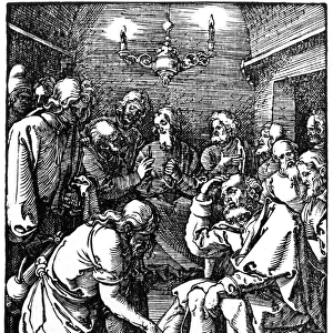 CHRIST WASHING FEET. Christ washing the feet of his Disciples. Woodcut by Albrecht Durer