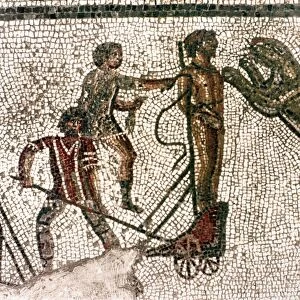 CHRISTIAN MARTYR. A Christian martyr in Roman amphitheater. Roman mosaic from Libya