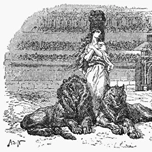 CHRISTIAN MARTYR. A woman Christian martyr, unharmed by lions in a Roman amphitheater. Line engraving, 19th century