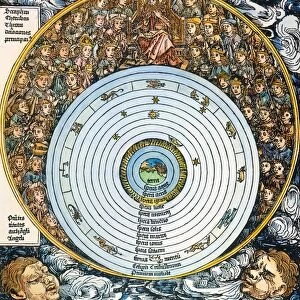 Christian / Ptolemaic conception of the universe, with the Earth at the center, embraced by the realm of God and His angelic court. Colored woodcut from Liber Chronicarum, Nuremberg, 1493
