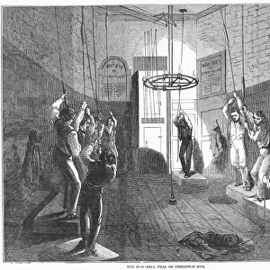 CHRISTMAS: BELL-RINGING. The bow-bell peal on Christmas Eve. Wood engraving, English, 1850