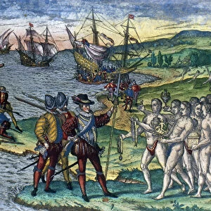 CHRISTOPHER COLUMBUS (1451-1506). Italian navigator. The landing of Columbus on the island of Hispaniola, 1492. Line engraving, c1594, by Theodor De Bry