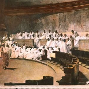 Cicero pronouncing his first oration against Catiline in the Roman Senate in 64 B. C. After the mural painting by Cesare Maccari
