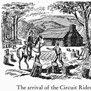 CIRCUIT RIDER. The arrival of a Circuit Rider at a homestead in the West. Wood engraving, American, 20th century