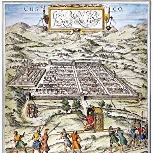 The city of Cuzco, Peru. German color engraving, 1572