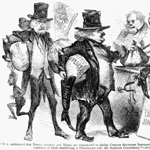 CIVIL WAR: CARTOON, 1861. Emperor Napoleon III of France and John Bull as pawnbrokers receiving Confederate commissioners to France, John Slidell, and to England, James M. Mason. Cartoon from a Northern American newspaper following the removal of Slidell and Mason from the British mail steamer Trent by the U. S. S. San Jacinto, 8 November 1861