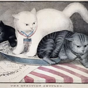CIVIL WAR: CARTOON, c1865. The Question Settled. White cat labeled Old Abe kicking out a grey cat labeled Jeff Davis. Behind Old Abe is a black cat labeled Contraband. Color lithograph, c1865