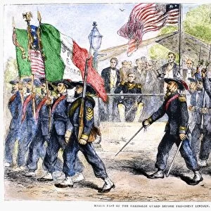 CIVIL WAR: GARIBALDI GUARD. The 39th New York State Volunteers, known as the Garibaldi Guard, carrying the Italian revolutionary tricolor flag as they march past President Lincoln during the American Civil War, c1862. Wood engraving, late 19th century
