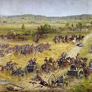 CIVIL WAR: GETTYSBURG. The 72nd Pennsylvania Infantry Regiment under General Winfield S. Hancock charging at the Battle of Gettysburg, Pennsylvania, July 1863. Detail of cyclorama at Gettysburg National Military Park by Paul Philippoteaux, 1881