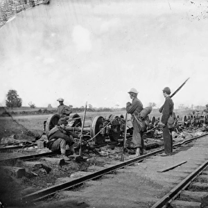 CIVIL WAR: MANASSAS, 1862. Soldiers beside damaged rolling stock of the Orange