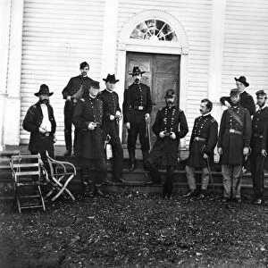 CIVIL WAR: MEADE & STAFF. General George G. Meade and staff on the steps of the the Wallack House, Culpeper, Virginia, September 1863. Photographed by Timothy H. O Sullivan