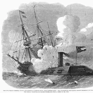 CIVIL WAR: MERRIMACK, 1862. The sinking, in Hampton Roads, of the U. S. S. Cumberland by the ironclad Merrimack, 8 March 1862. Wood engraving from a contemporary English newspaper