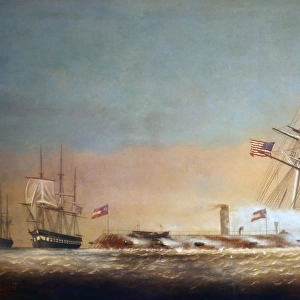 CIVIL WAR: MERRIMACK, 1862. The sinking of the U. S. S. Cumberland by the Merrimack (C. S. S. Virginia), 8 March 1862. Painting by C. S. Raleigh, 1884