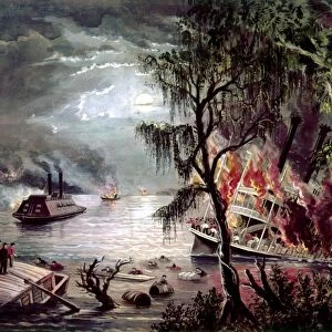 CIVIL WAR: NAVAL BATTLE. The Mississippi in Time of War. Watercolor, pencil and gouache painting by Fanny Palmer, 1862