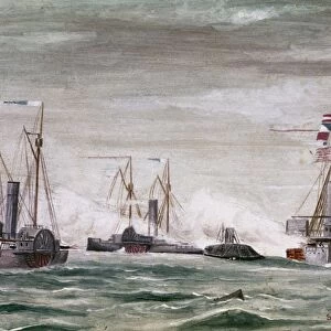 CIVIL WAR: NAVAL BATTLE. The USS Sassacus ramming the ironclad CSS Albemarle in Albemarle Sound, North Carolina, 5 May 1864. Watercolor by S. M. Yates, c1864
