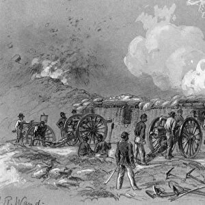 CIVIL WAR: PETERSBURG. Captain Ashbys 20 pounders. Confederate soldiers loading cannons at a fort at Petersburg, Virginia, during the Civil War, 1864. Drawing by Alfred Waud
