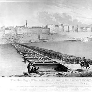 CIVIL WAR: PONTOON BRIDGE. Union troops of the 21st Regiment Wisconsin Volunteers crossing the pontoon bridge over the Ohio River at Cincinnati, Ohio. Lithograph of a sketch by A. E. Mathews, 13 September 1862