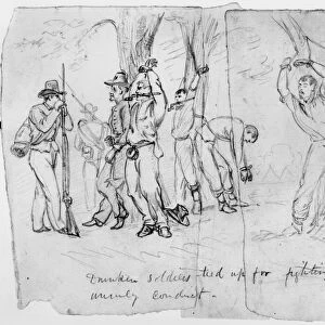 CIVIL WAR: PUNISHMENT. Drunken (Union Army) soldiers tied up for fighting and other unruly conduct. Pencil drawing by Alfred R. Waud, 1861-1865