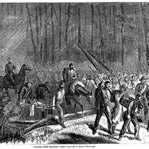 CIVIL WAR: WARs END, 1865. Confederate soldiers returning home after the wars end: wood engraving, American, 1865