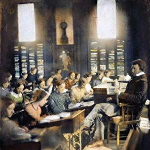 Classroom in the Emerson School for Girls, Boston, Massachusetts. Oil over a daguerreotype, c1850, by Southworth & Hawes