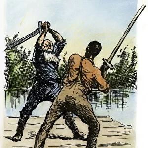 CLEMENS: HUCK FINN, 1885. Practicing. The king and the duke, a pair of con men