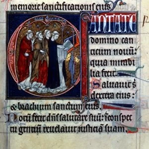 FOUR CLERICS CHANTING. Manuscript illumination from an English Psalter, c1290