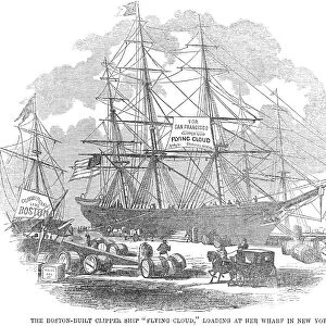 CLIPPER SHIP, 1851. The Boston-built clipper ship Flying Cloud, loading at her wharf in New York. Wood engraving, 1851