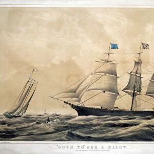 CLIPPER SHIP ADELAIDE. Hove to for a pilot. lithograph, 1856, by Nathaniel Currier