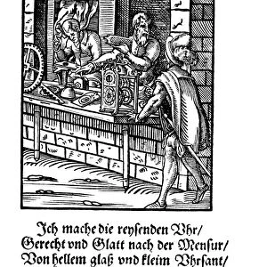 CLOCKMAKER, 1568. The clockmaker manufactures hourglasses, and builds and paints