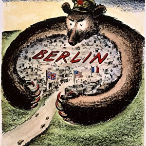 How to Close the Gap?: American cartoon, 1948, by D. R. Fitzpatrick on the Russian attempt to drive the Western powers from Berlin by every possible means short of an outright act of war