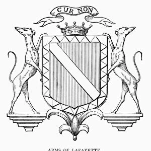 COAT-OF-ARMS: LAFAYETTE. The Lafayette coat-of-arms, with the motto Cur Non ( Why Not ). Wood engraving, American, 1881