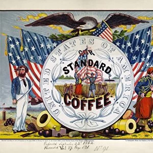 COFFEE LABEL, c1862. United States of America. Our Standard Coffee. Label for coffee with a U. S. sailor, two Zouaves, a soldier and an eagle. Oil over a wood engraving by Kilburn & Mallory, c1862