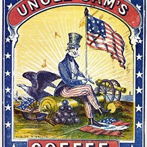 COFFEE LABEL, c1863. Label for Uncle Sams Coffee, with Uncle Sam seated on a cannon, whittling, while stepping on a torn rebel flag. Engraving by Kilburn & Mallory, c1863