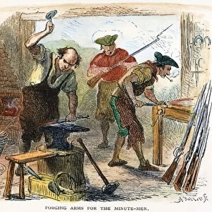 Colonial blacksmiths forging muskets for the minutemen at the outbreak of the American Revolutionary War. Color engraving, 19th century