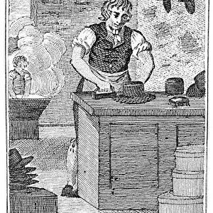COLONIAL HATTER. A colonial American hatter. Line engraving, late 18th century