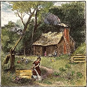 COLONIAL HOMESTEAD, 18TH C. A homestead in colonial North or South Carolina, 18th century. Wood engraving